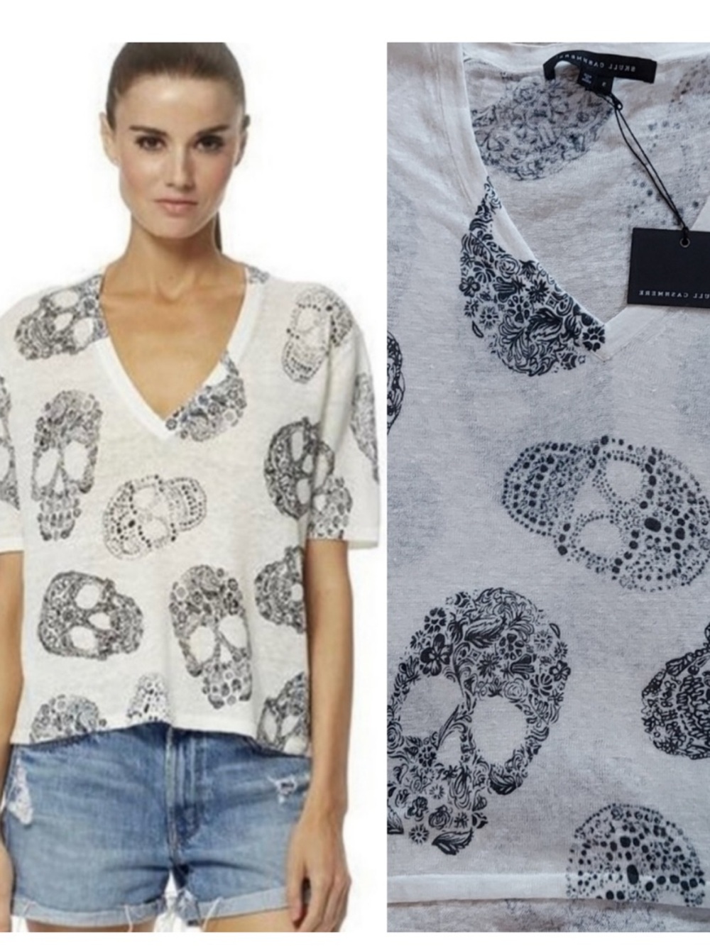 New Skull Cashmere White/Charcoal RUMA Linen Skull BOHO Top Size L - Picture 3 of 15